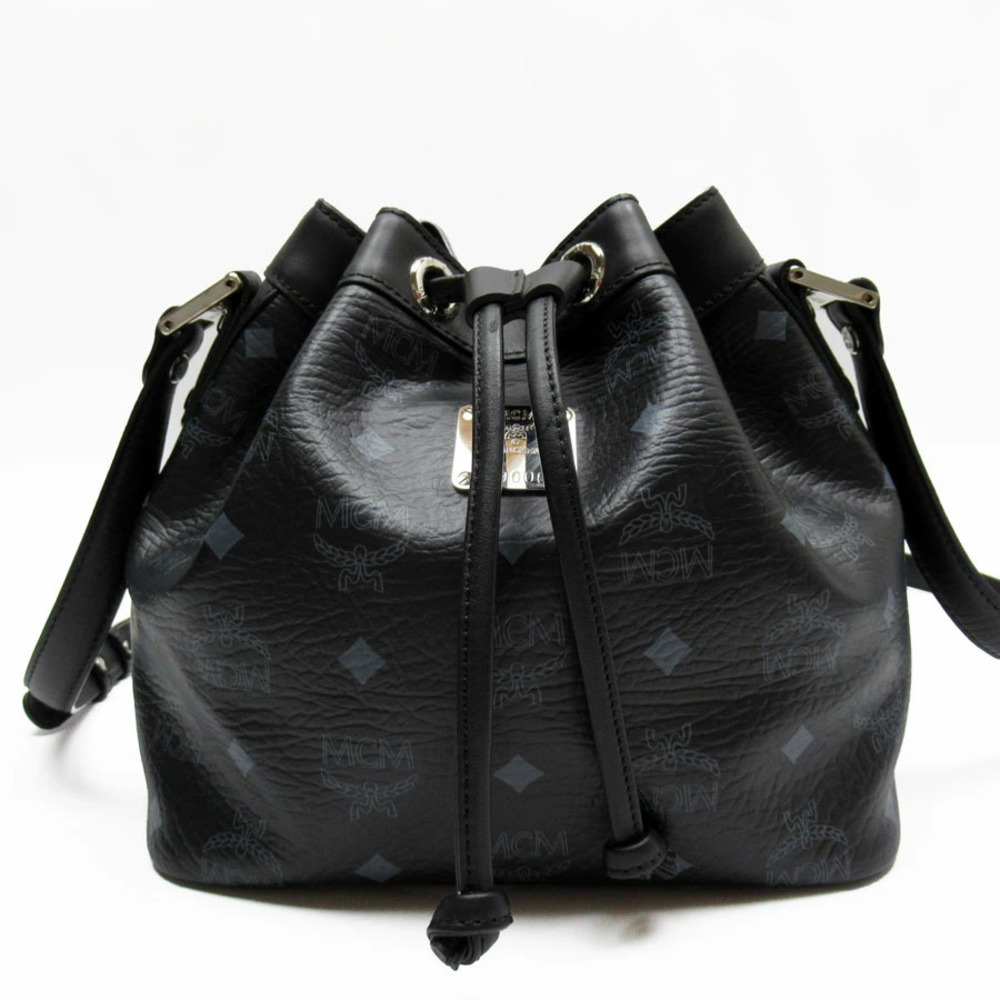 MCM Visetos Drawstring Crossbody Shoulder Bag Handbag Leather Black Gray